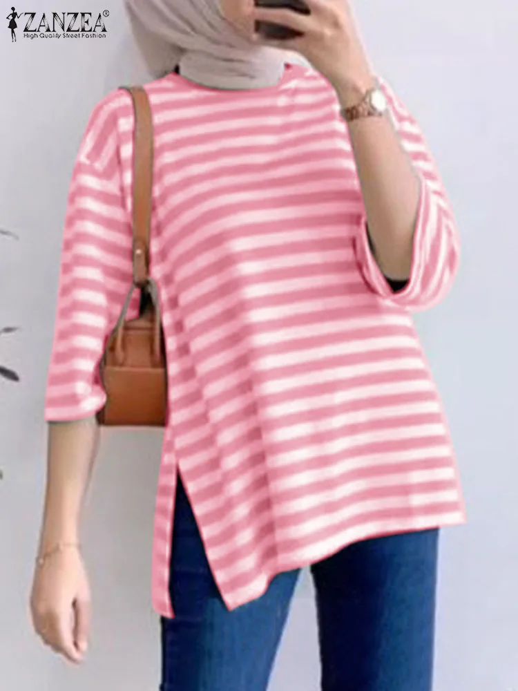 

ZANZEA Women Summer Striped Tops Fashion Female Dubai Turkey Abaya Hijab Shirt Work Muslim Blusa O Neck 3/4 Sleeve Casual Blouse