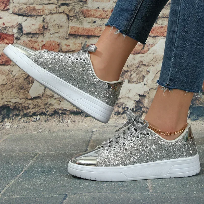 Women's Sequins Sneakers Fashion Korean Style Lace Up Flat Shoes Thick Anti-slip Couple Shoes Casual Trainers Chaussure Femmes