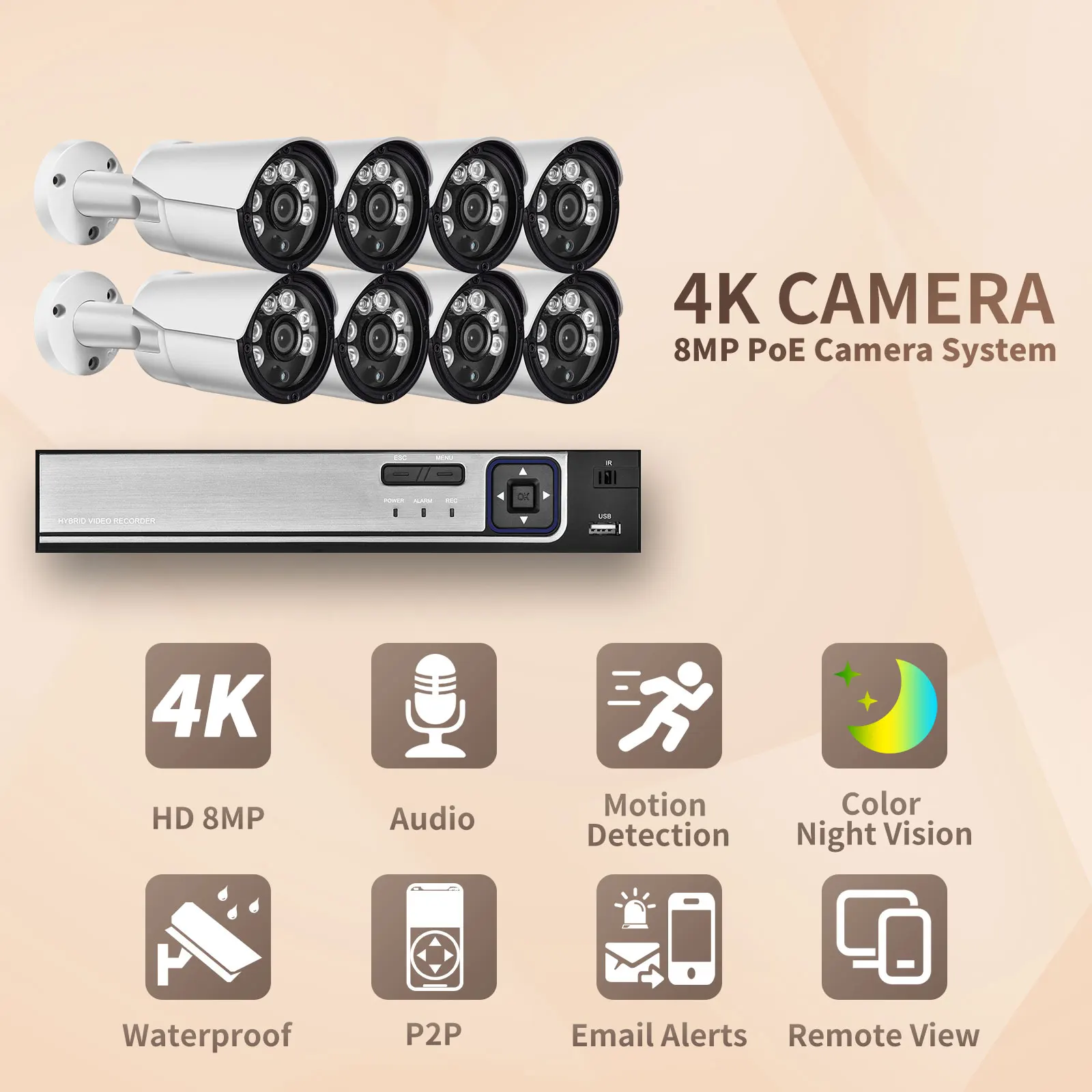 AZISHN 야외 야간 투시경 파노라마 8MP 4KIP IP 카메라 키트 4/8 채널 POE NVR 키트