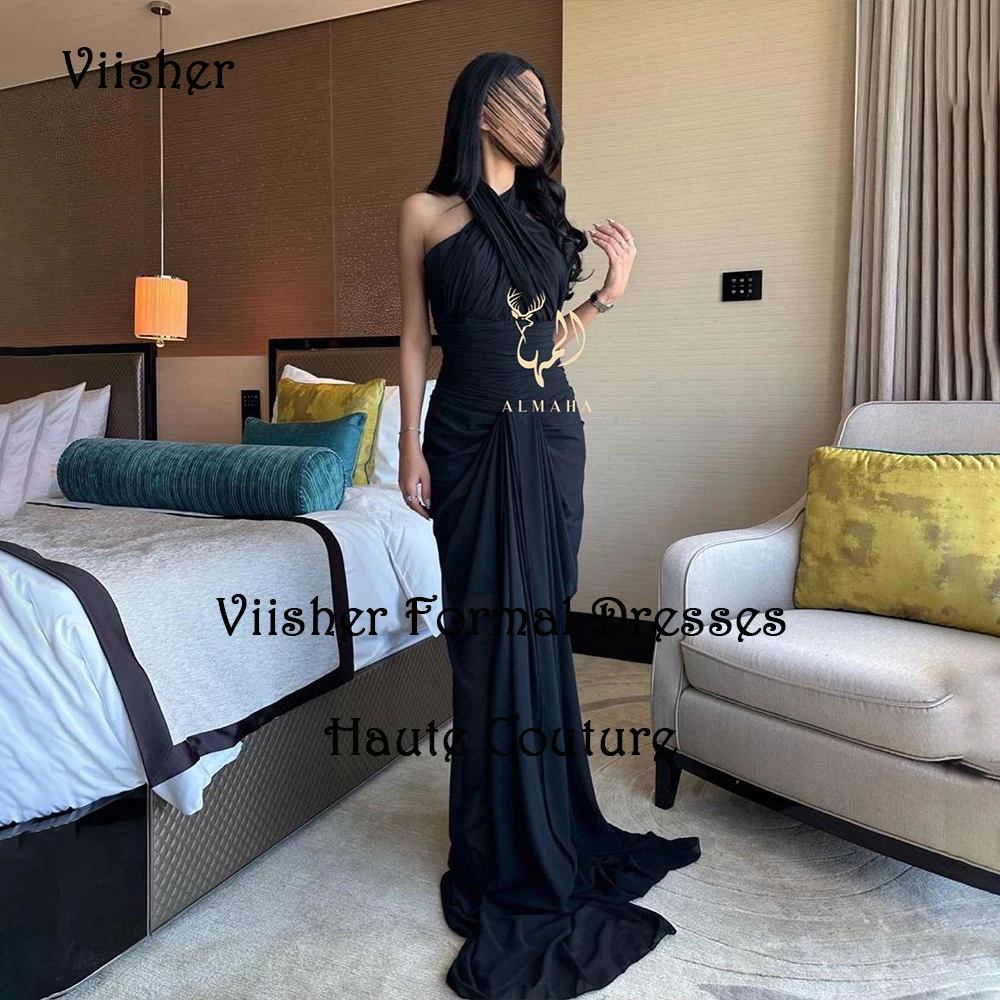 

Черные шифоновые вечерние платья-русалки с лямкой на шее, арабское дубайское платье для выпускного вечера со шлейфом, Длинные официальные платья