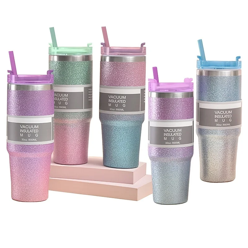 Double Layer Tumbler With Straw And Lid, Stainless Steel Travel