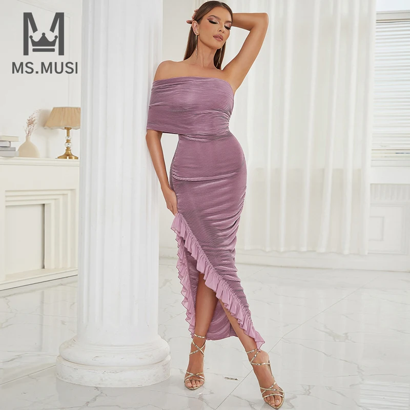 

MSMUSI 2023 New Fashion Women Sexy Off The Shoulder One Shoulder Ruffles Fold Sleeveless Bodycon Party Club Slim Slit Midi Dress