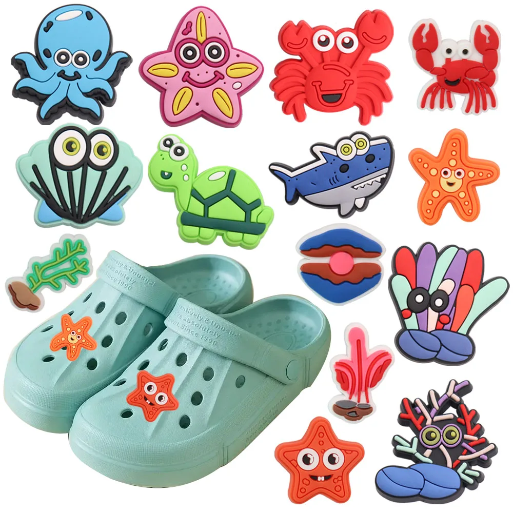 

50PCS PVC Shoe Charms Starfish Crab Octopus Seaweed Coral Shell Croc Jibz Buckle Clog Fit Wristbands Clog Decoration Kids Gift