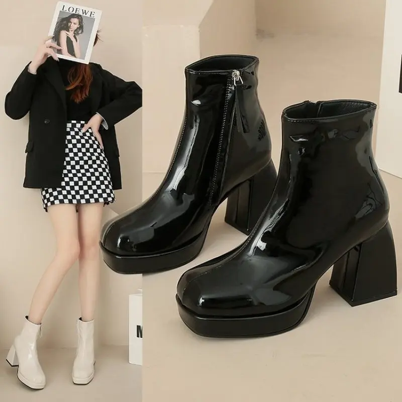 Square toes Thick Heel womens fashion boots Winter Boots platform boots simple and elegant English Style Fashion Casual