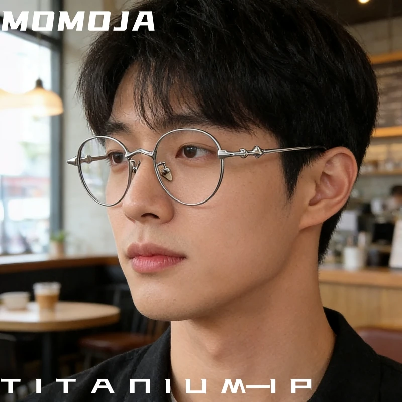 MOMOJA Retro Round Men and Women Luxury Pure Titanium Eyeglasses Frame Korean Fashion Style Simple Big Size Designer Glasses 701