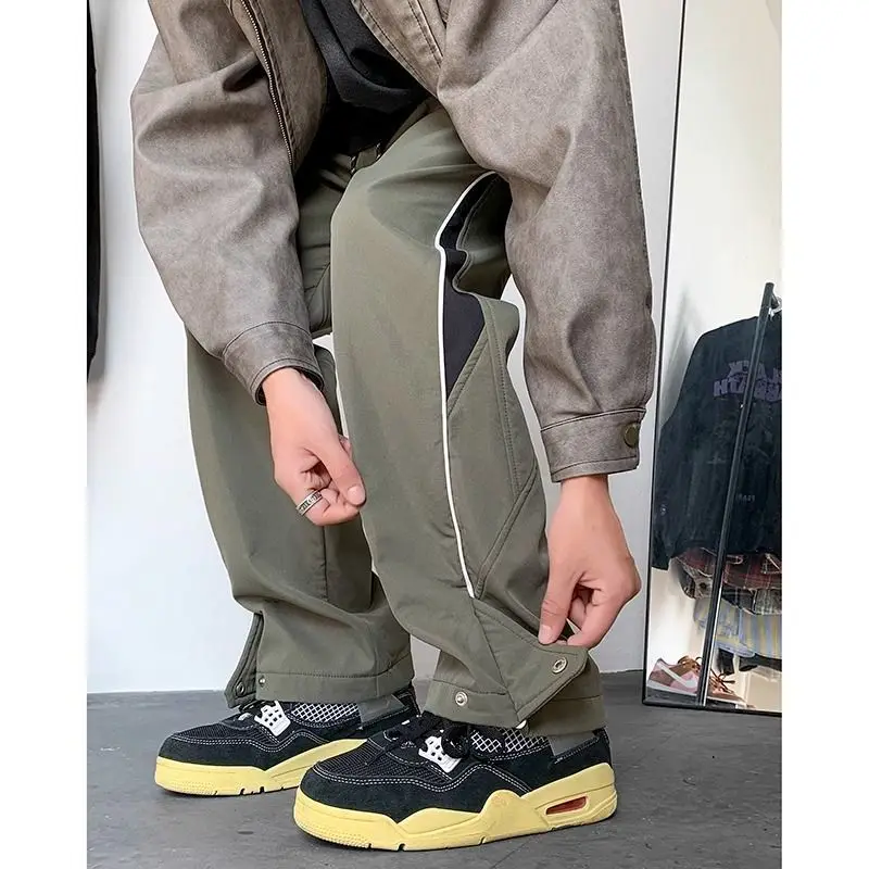 Spring Autumn Contrast Color Fashion Straight Pants Man Drawstring Pockets Patchwork Drawstring Windproof All-match Cargo Pants