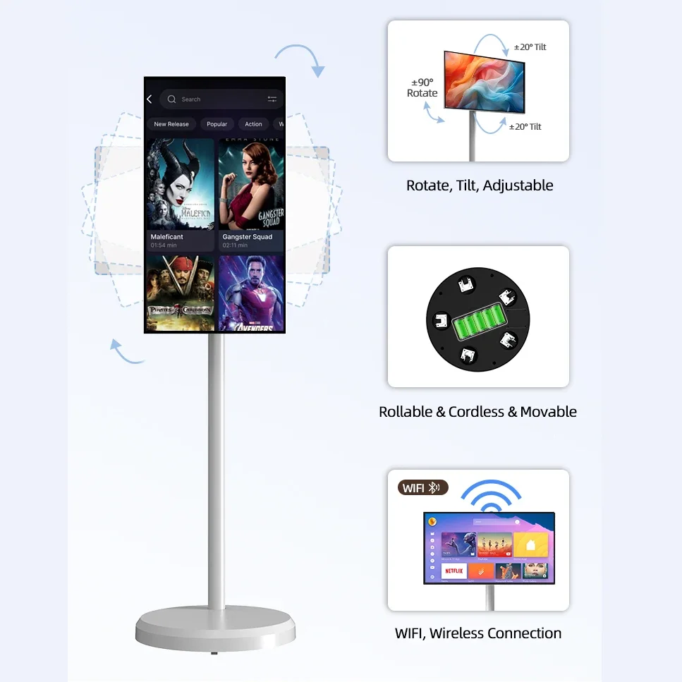 21.5 Inch Rotating Smart Interactive Tv Displays Smart Screen with Wheels Movable Touch Screen Portable Tv with Battery