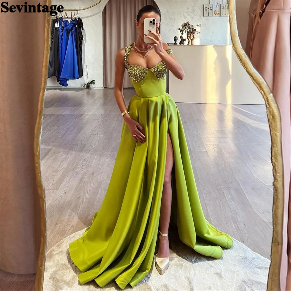 

Sevintage Turquoise Arabia Prom Dress Sweetheart Spaghetti Strap SequinedsParty Gowns A-Line Ruched High Side Slit Evening Dress