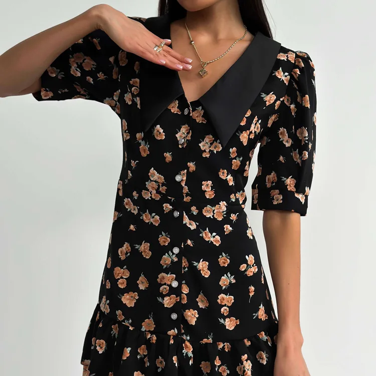 Printed Ruffled V-Neck Mini Dress Female Short Sleeve Fashion Slim High Waist Elegant Party Dress Women's Summer Dress New