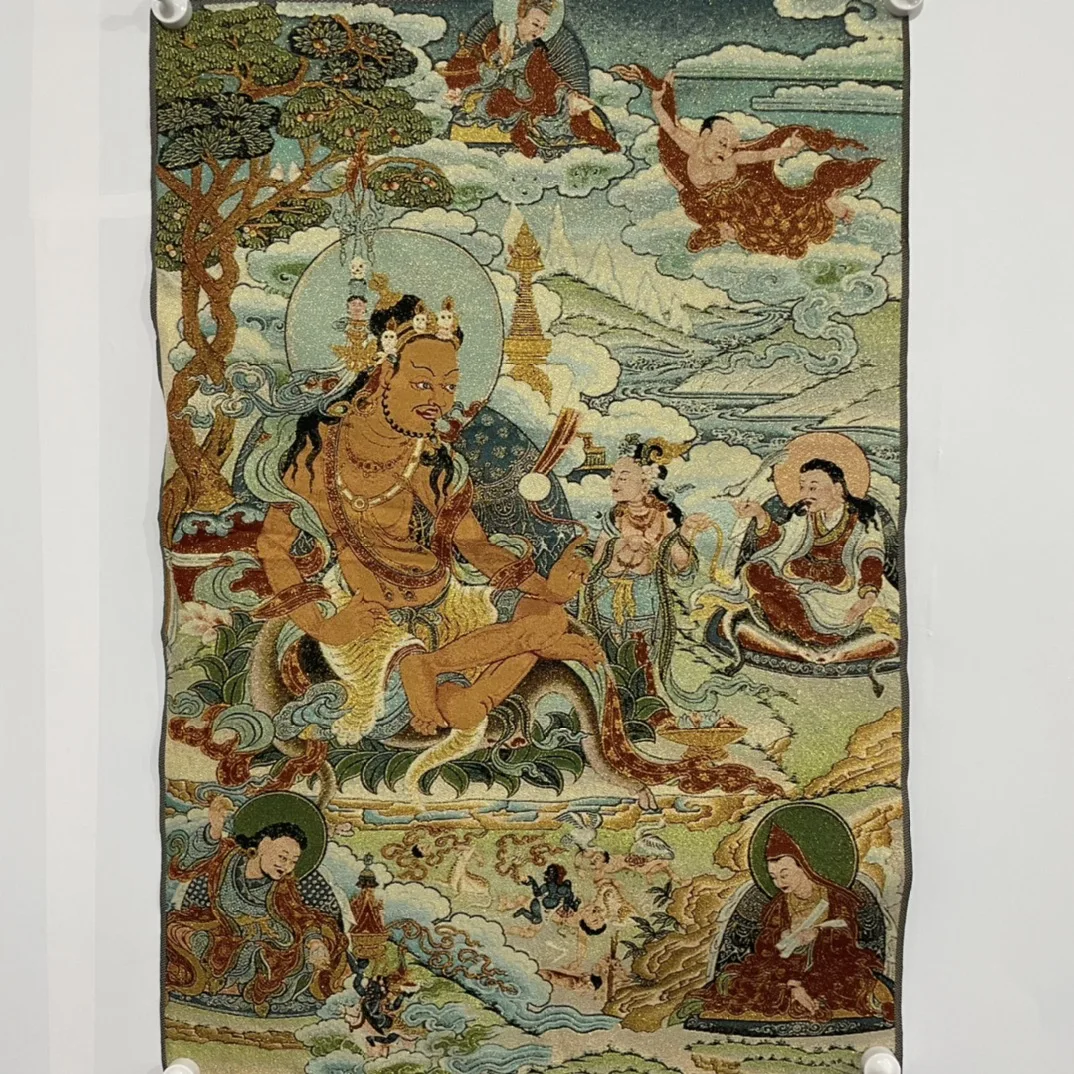 

35"Thangka Embroidery Tibetan Buddhism silk brocade Yellow Jambhala sermon Thangka hanging screen Worship Hall Town house