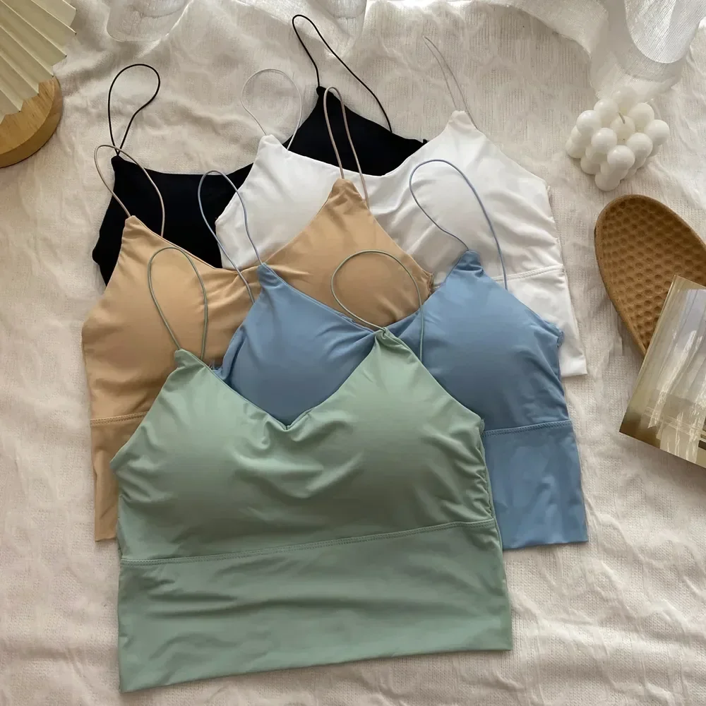 

Off Crop Camisole Shoulder Ice In Underwear Built Silk Strap Sleeveless Spaghetti Summer Vest Sexy Bra Top Sports Tops Women