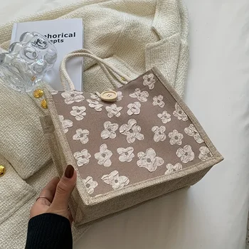 حقيبة يد كاجوال من الكتان للنساء، حقيبة يد من القماش على الطراز الياباني، مع إبزيم للإغلاق، يمكن غسلها يدويًا للصندوق والطلاب وحقيبة الحفاضات 4