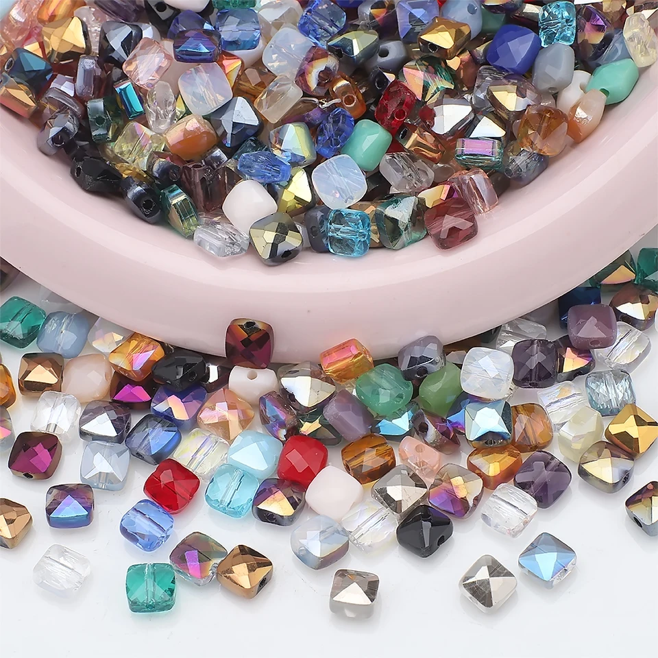 50 Pz 6mm Misto Cristallo Di Vetro Quadrato Piatto Sfaccettato Cubo Perline Per Fai Da Te Fare Braccialetto Di Amicizia Primavera Parto Indumento Decorazione - Foto 7