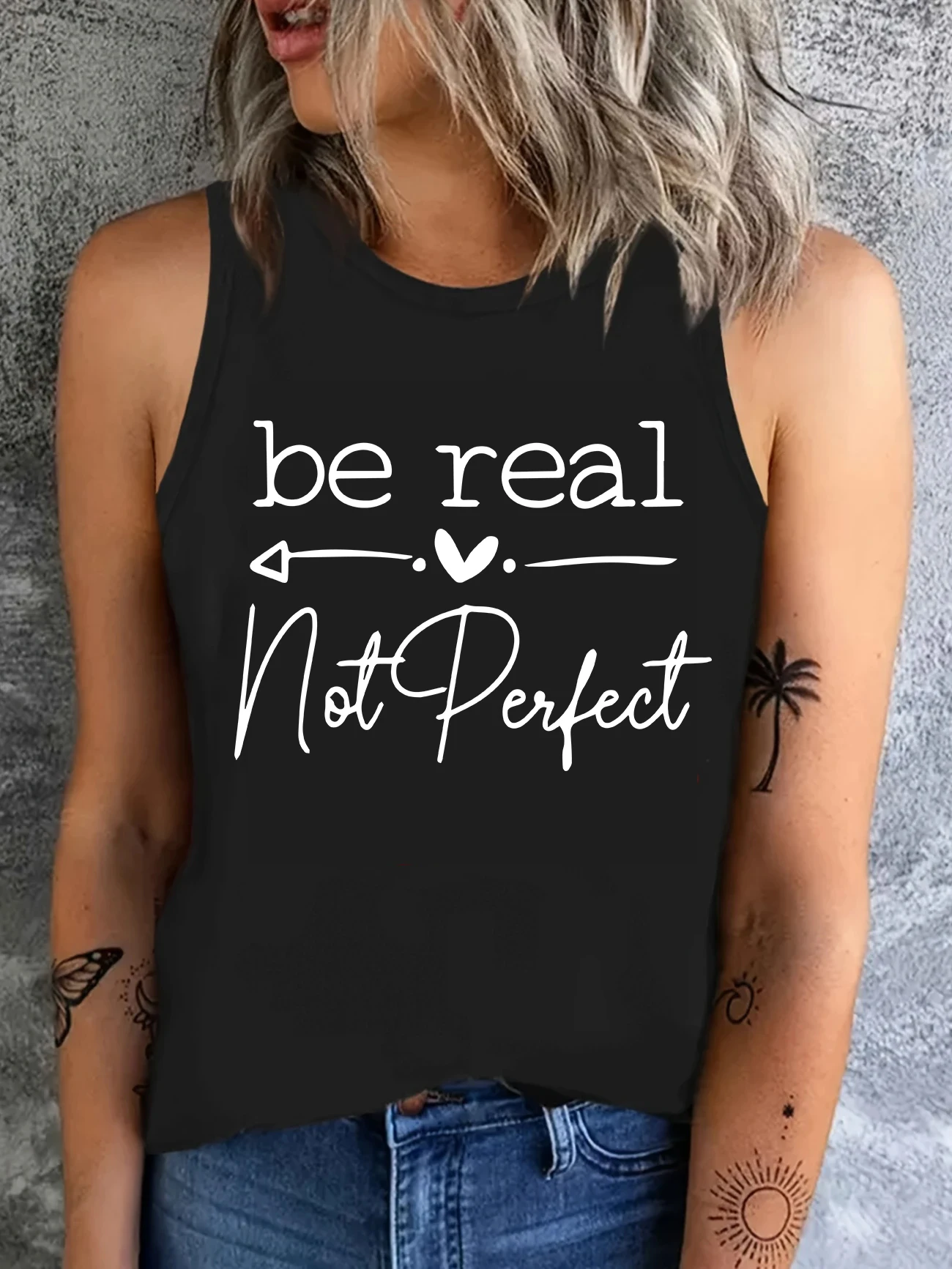 Be Real Not Perfect Love Heart bedrucktes T-Shirt, Weste, grafisches Tank-Top, ärmelloses Damen-Top mit Rundhalsausschnitt, lässiges Top für den Sommer und Frühling