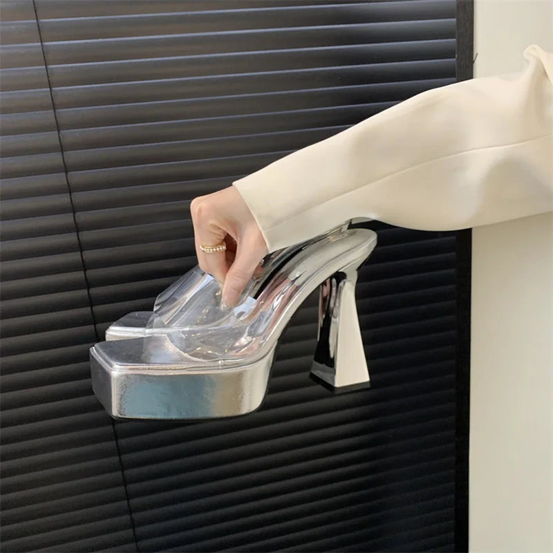 PVC Women's Slipper 2024 Super High Heel Fashion Women Shoes Ladies Sexy Open Toe Party Shoes Summer Square Toe Platform Slides