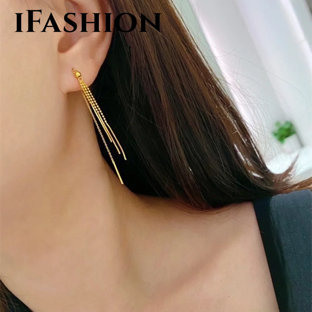 Ifashion 18K Import Solid Snake Chain Orecchini Gioielli In Oro Giallo (Au750) Designer Donna Simple Nappa Ear Line Fashion Lady