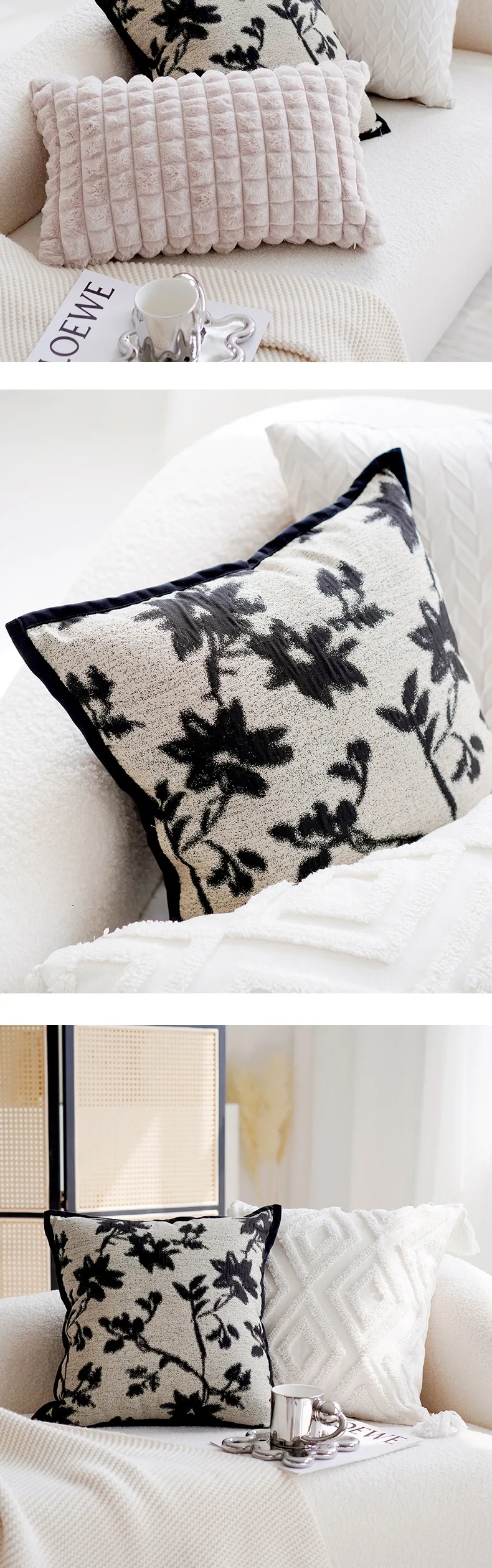 Schwarz-weiße Vintage-Dekokissenbezüge, Wandteppich, Frühlings-Blumenmuster, Kissenbezug für Sofa, Bett, Wohnzimmer, Heimdekoration – Detail 7