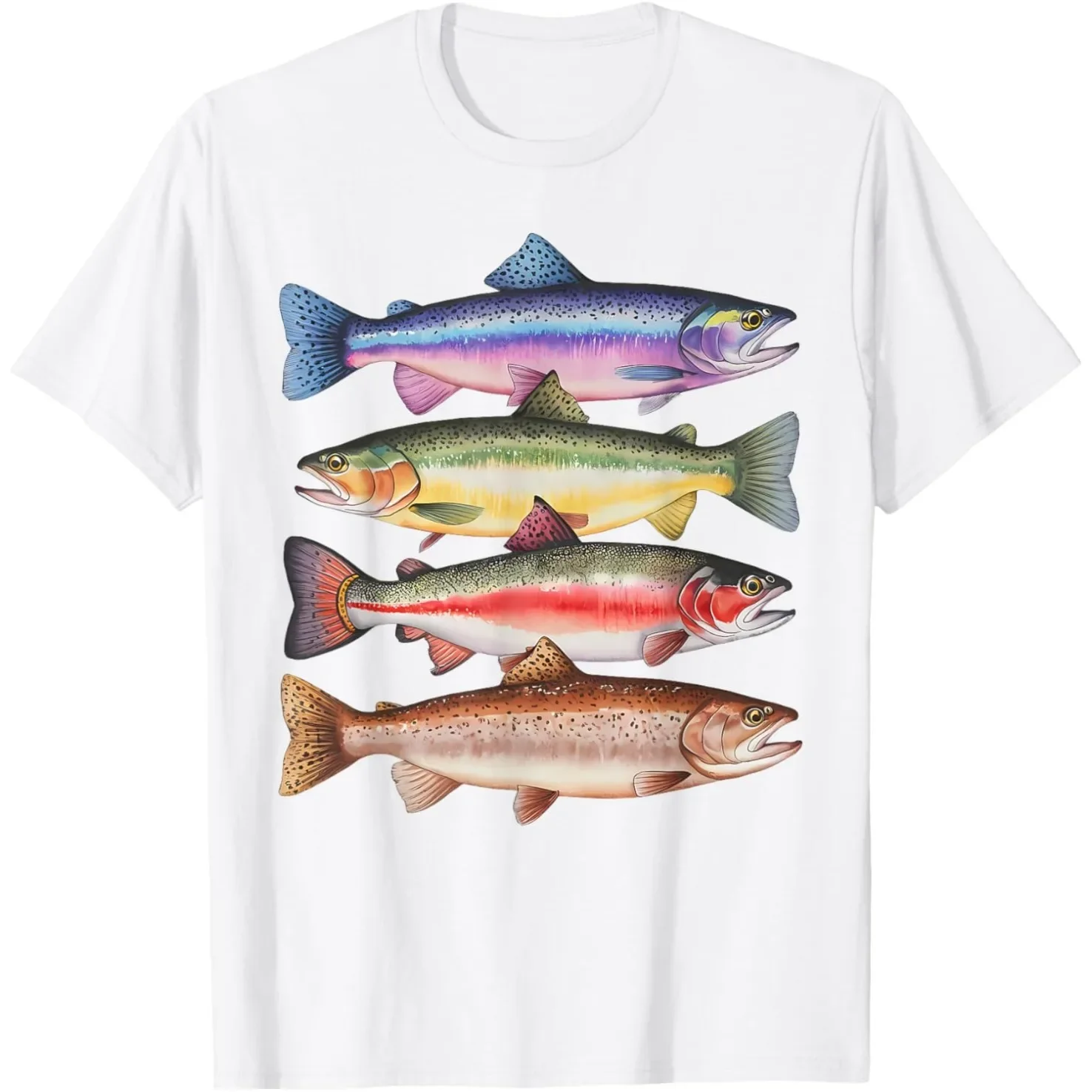 Lustige bunte Forelle in einer Reihe zum Angeln Grafik-T-Shirts Männer Frauen reine Baumwolle Humor T-Shirt Kurzarm Unisex lose Kleidung