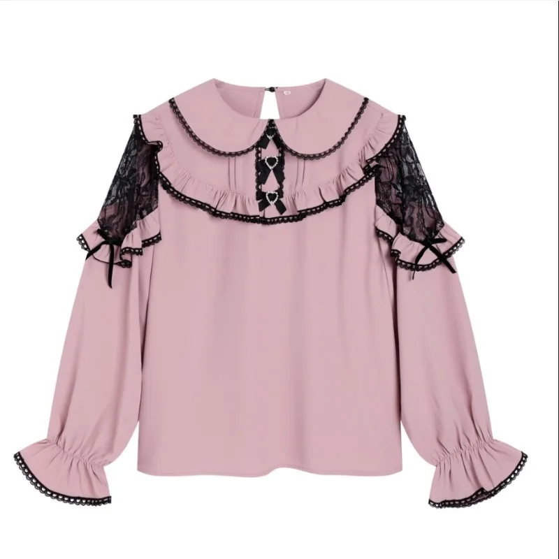 Spring Autumn Fashion Sweet Spicy Blouse Black Pink Slimming White Japanese Sweet Versatile Inner Style Clothing Women Shirts