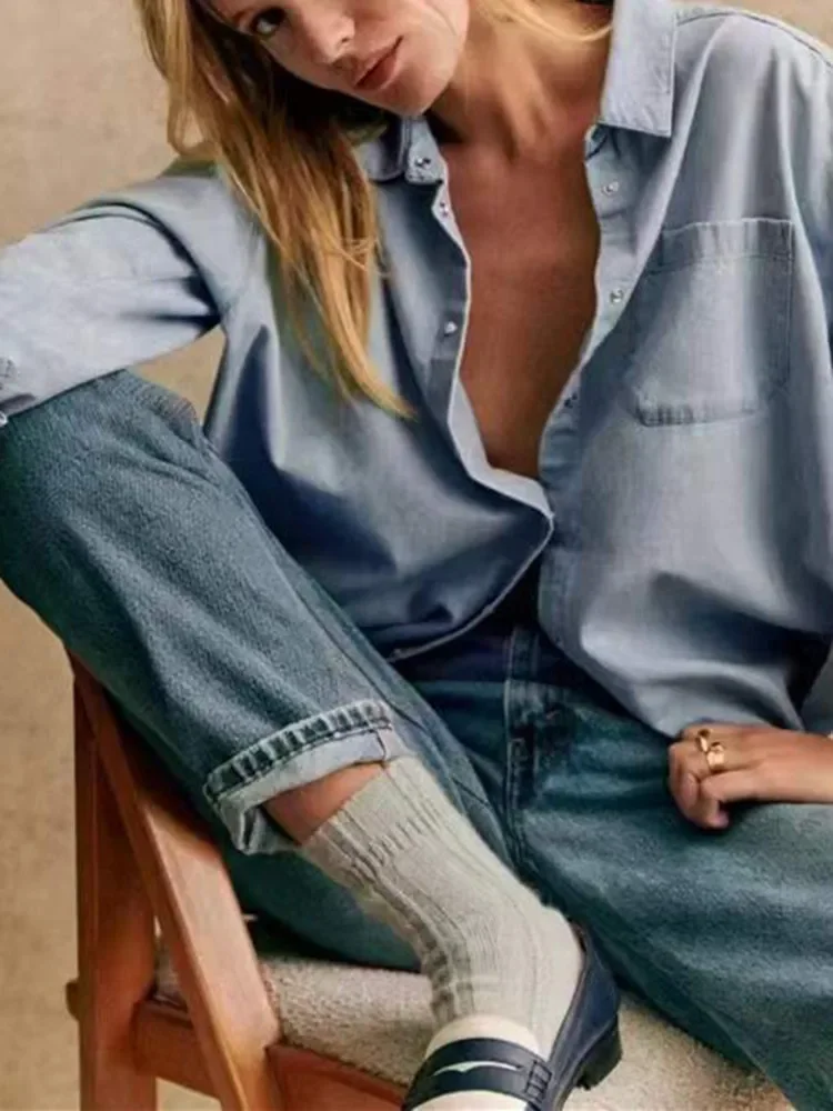 

Women's Denim Shirt Turn-down Collar Single Breasted 2024 Spring Classic Pocket Simple Loose Blouse