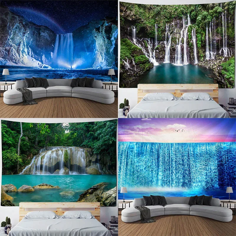 Tapisserie Décorative Cascade Et Rochers - 150x110 Cm, Tissu Microfibre, Pour Chambre Ou Salon