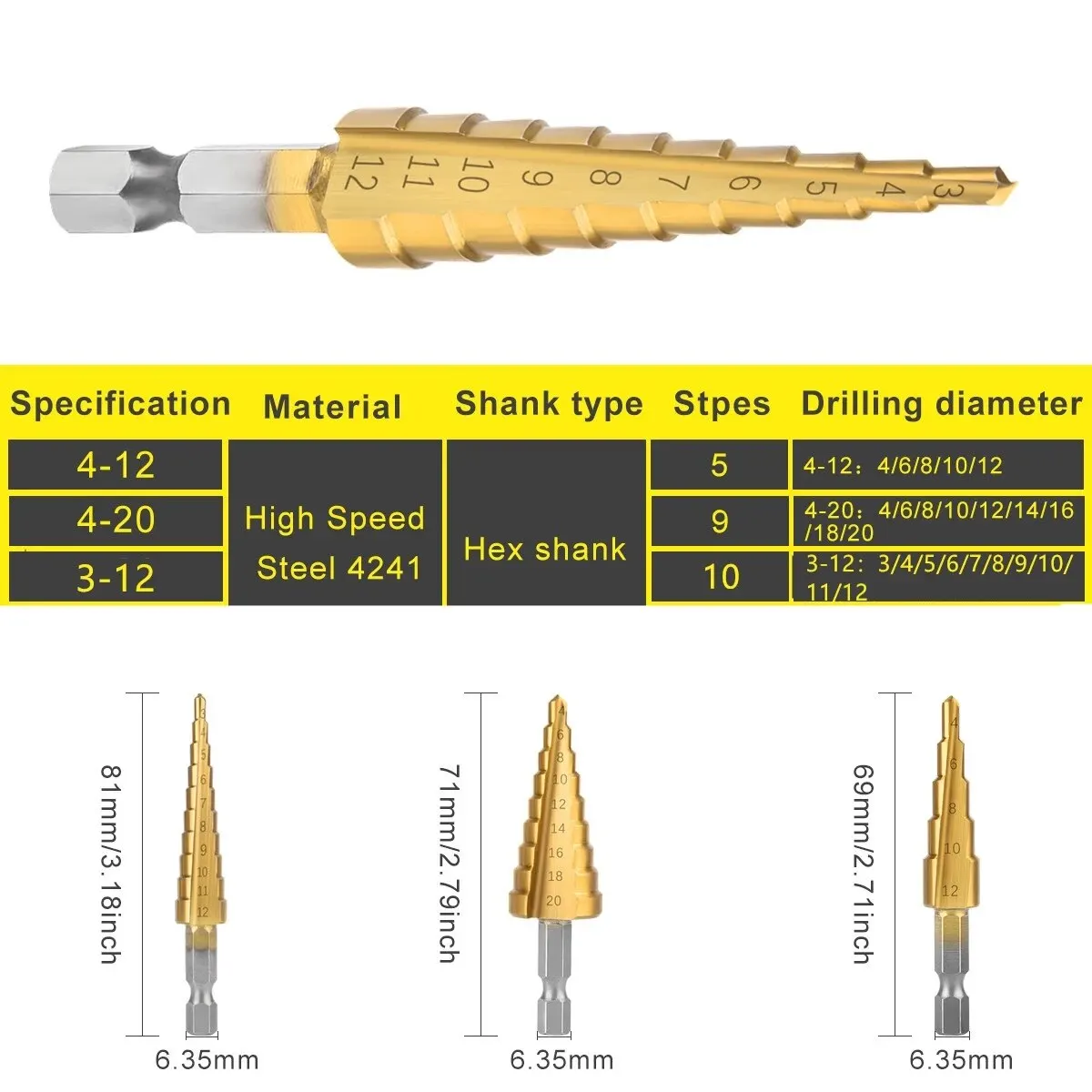 3-12 4-12 4-20MM HSS Straight Fluted Pagoda Step Drill 3Pcs Cloth Bag Hex Shank Reamer Bit Set Titanium Coated Wood Metal Hole drill bit set