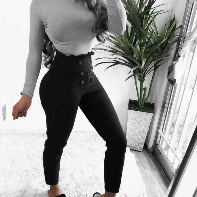 2022 Autumn and Winter New Fashion Women's High Waist Button Tight Leggings Ladies Leather Pencil Ankle Trousers