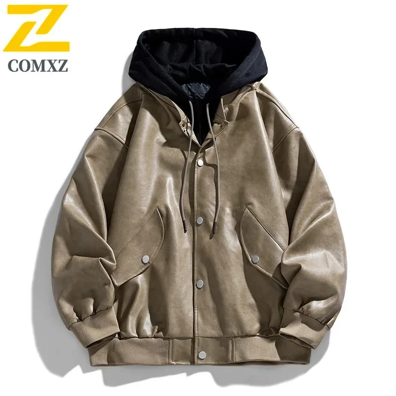 Men's Vintage Hooded Biker Jacket PU Leather Coat American Style Motorcycle Outerwear Water-Resistant Windproof Streetwear Retro