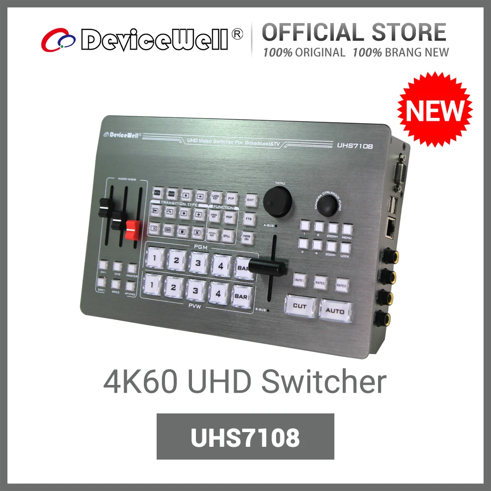 

DeviceWell UHS7108 4K60 UHD Switcher with 4HDMI-compatible+4DP input Video Switcher for Broadcast & TV/Studio