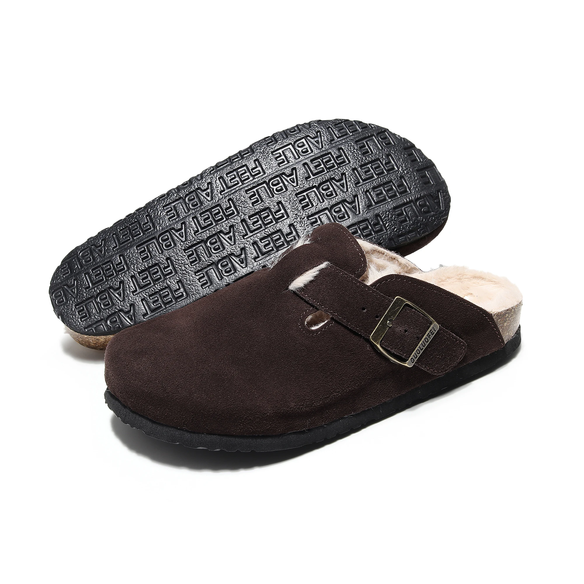 

Women's Cork Winter Fur Men Big Size Mules Closed Toe Buckle Strap Flat Slide Shoes Casual Outdoor Slides