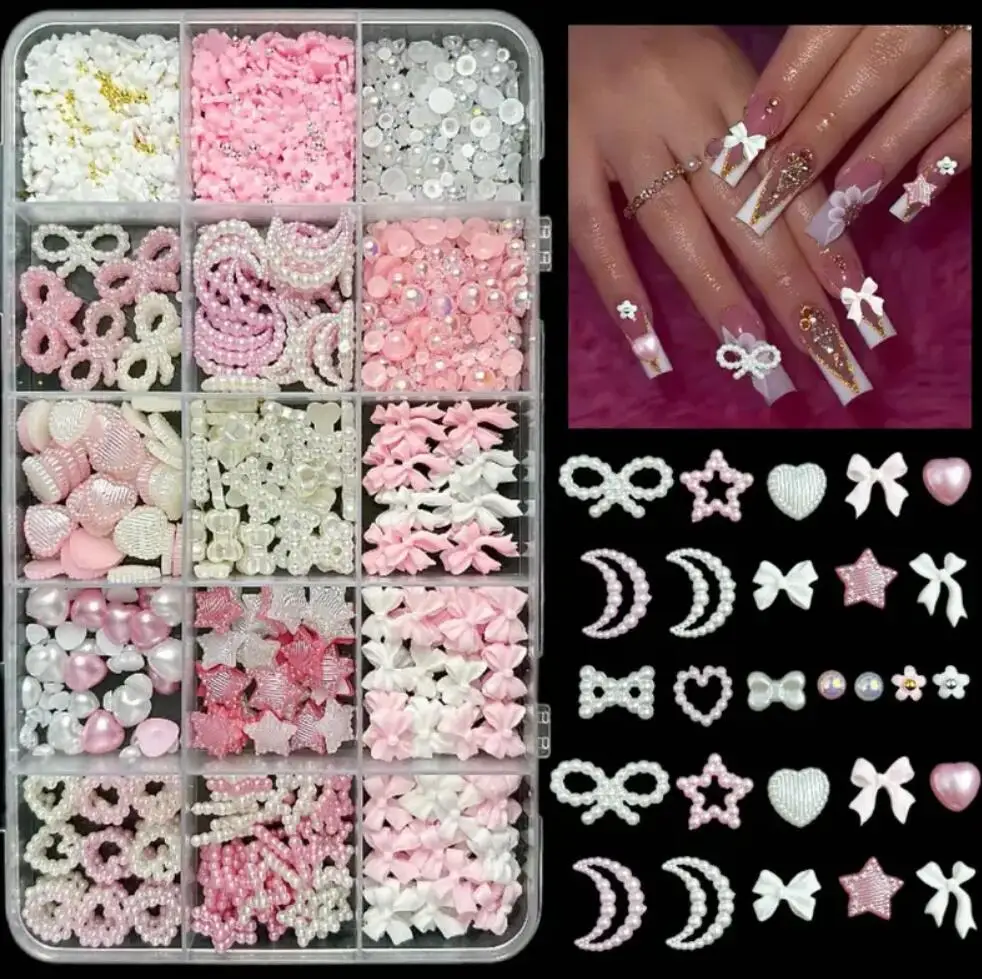Pink White Bow Heart Nail Charms for Art
