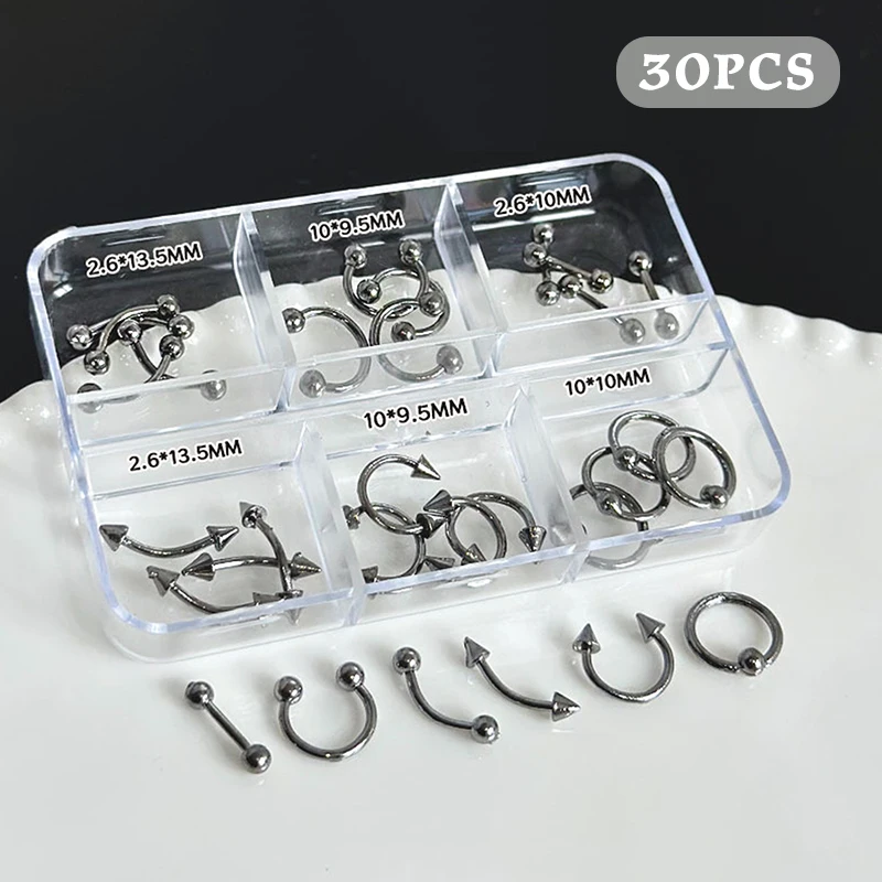 30 teile/schachtel 6 Grids Nagel Piercing Punk Charme Metall Legierung Durchbohrt Schwarz/Weiß Nagel Schmuck Dekor 3D Nagel Versorgung für Cool Girl – Detail 8