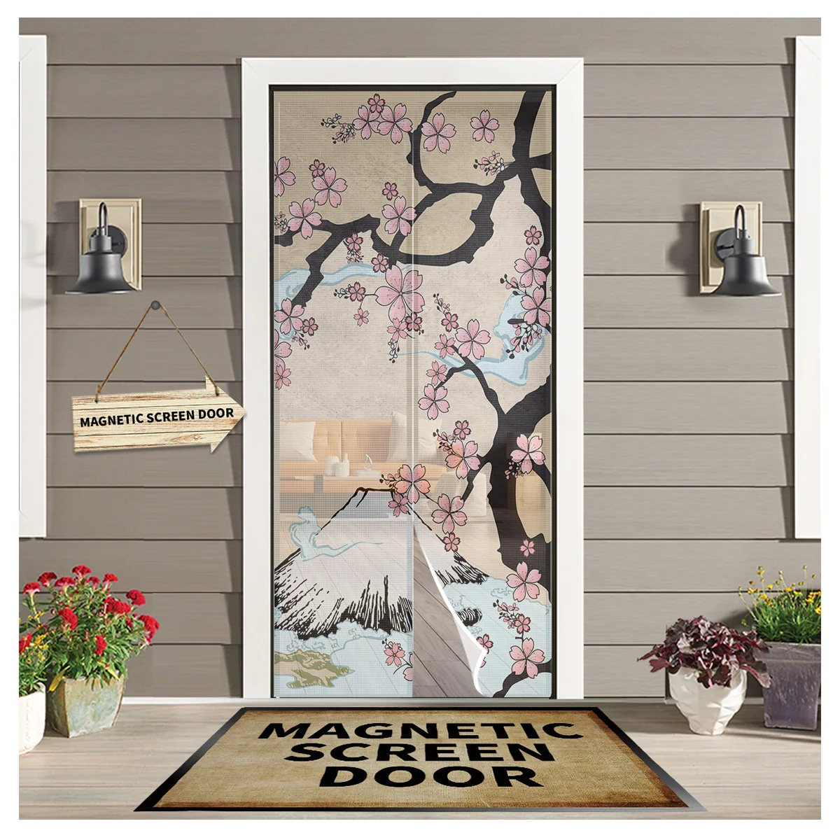 

Flower Tree Plant Cherry Tree Pattern Kitchen Door Curtain Mosquito-proof Window Screen Bedroom Magnetic Door Curtain