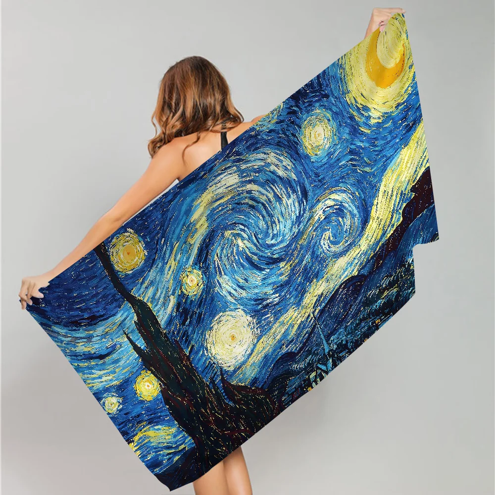 Retro Art The Starry Night Sunflowers Irises Beach Towel Cartoon Cute Large Bath Pool Beach Towel Absorbent For Swimming Travel 2
