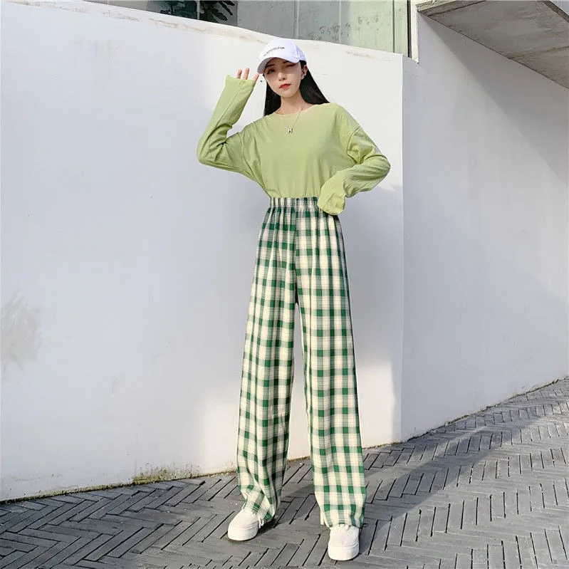 Tanie Plus rozmiar nowa koreańska krata spodnie wiosna jesień zima szerokie spodnie nogi sklep