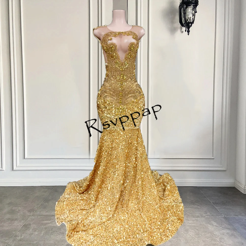 

Sparkly Sequin Lace Long Mermaid Prom Dresses 2024 Exquisite Beaded Rhinestones Sheer Black Girl Party Prom Gowns