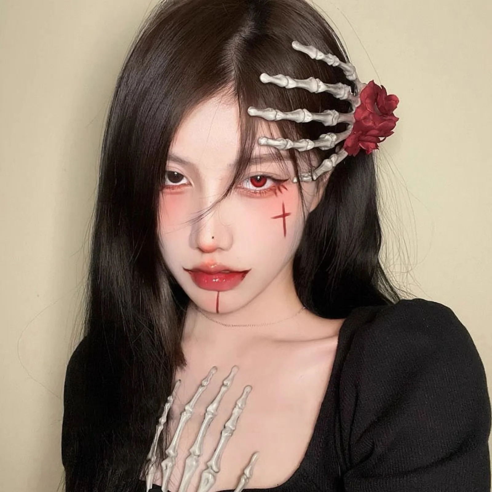 1PC Spooky Skull Hand Hair Clip With Red Rose & Black Veil, Halloween Gothic Hair Accessory