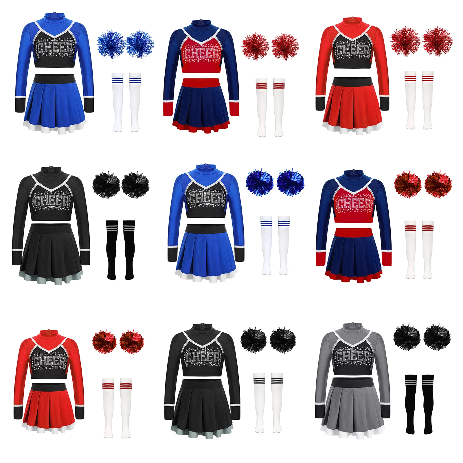 Kid Girls Cheerleading Uniform Cheerlead Dance Outfit Crop Top Pleated Skirt Flower Balls Socks for Cheering Team Dancewear Sets