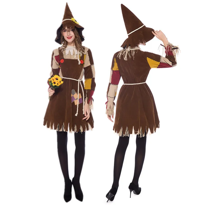

Halloween Cosplay 2020 Scarecrow Costume Witch Dress for Adult Women Carnival Party Maquerade Party Dress With Hat