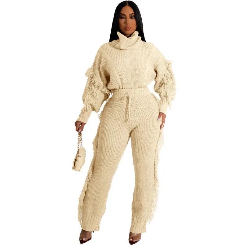Tassel Knitted Casual Two Piece Set 2023 Autumn Fashion Solid Color Long Sleeve High Neck Sweater Elastic Pants Party Streetwear