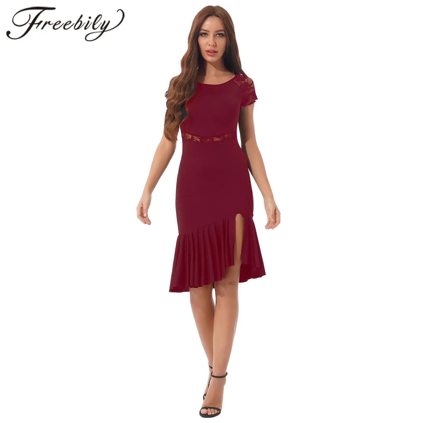 

Women Latin Ballroom Dance Dress Professional Lace Patchwork Sides Split Swing Dresses Irregular Tango Chacha Dance Costume