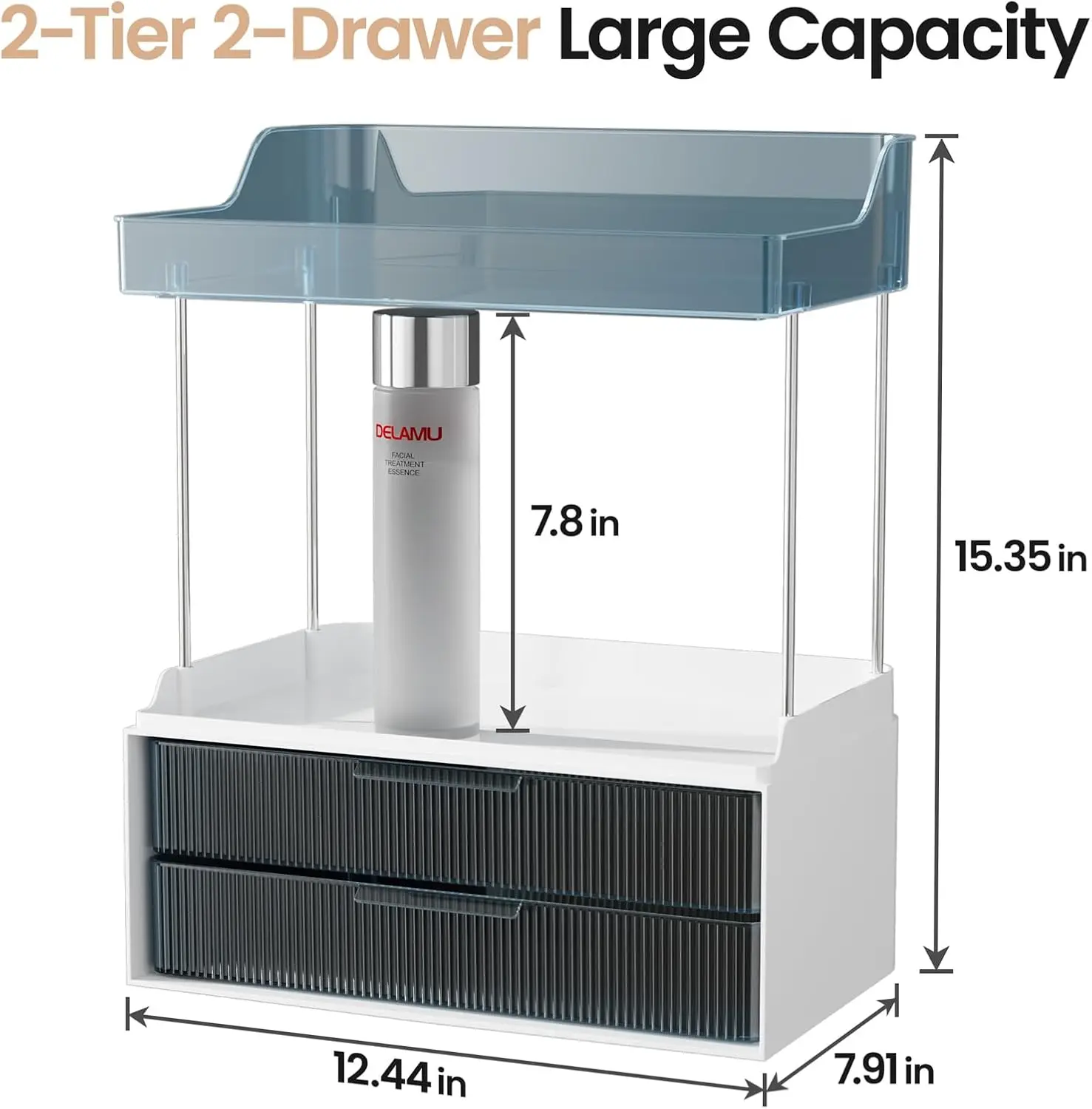 Bathroom Organizers and Storage, 2-Tier 2-Drawer Makeup Organizer Countertop,Ideal for Bathroom Storage, Vanity, Large Skincare