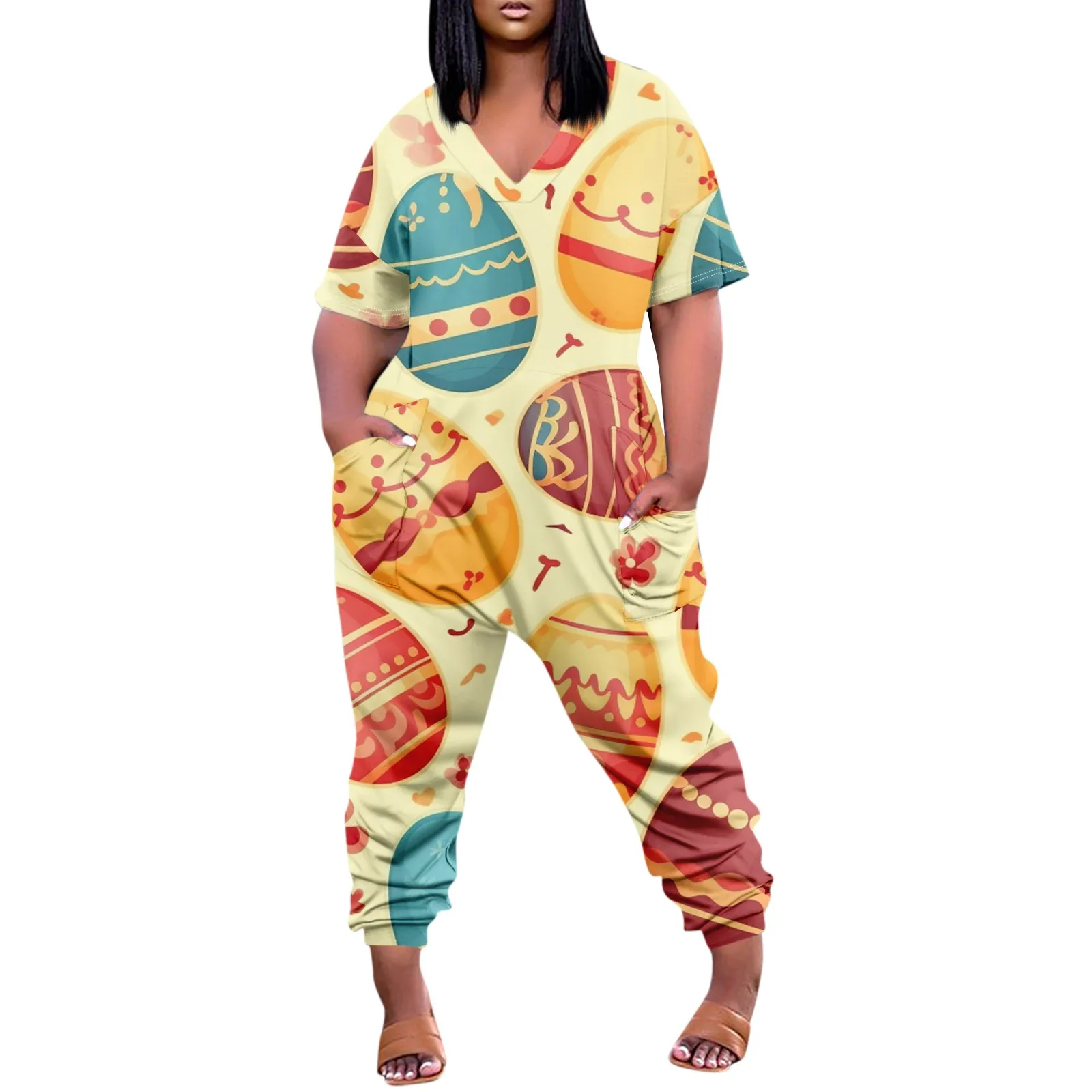 

Plus Size Womens Casual V Neck Short Sleeve Zipper Overalls With Pockets Wide Long Jumpsuits New Women Clothing Trend 2024