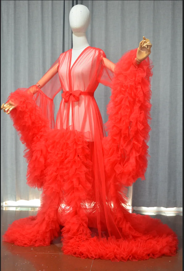Sweet Girl Vintage Tulle Robe Perspective Sheer Tulle See Through Long Pink Dressing Gowns Fluffy Maternity Dress Photoshoot 2