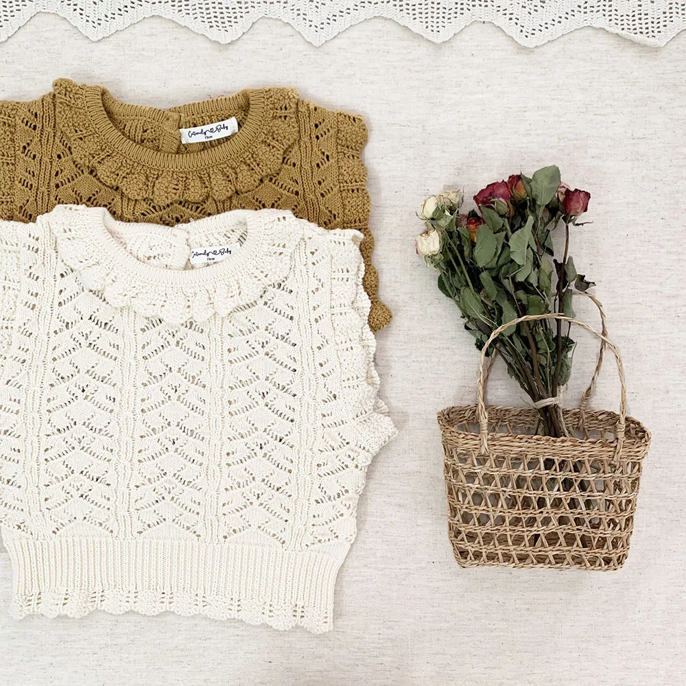 deer jonmi Spring Korean Style Baby Girls knitted Hollow Out Vests Sleeveless Pullovers Tops Ruffles Kids Cotton Waistcoats