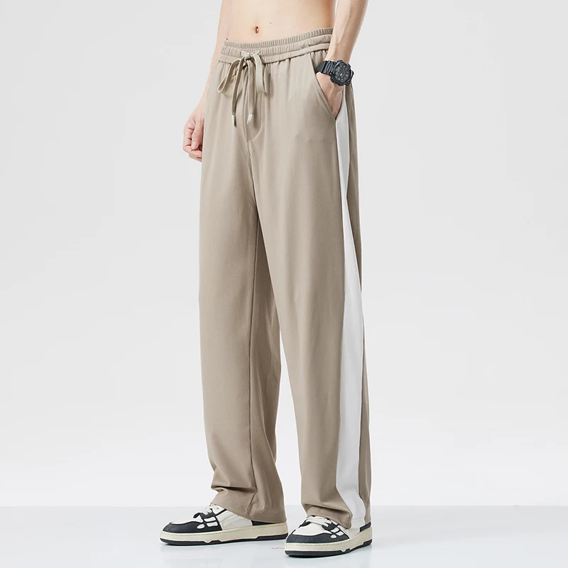 Ice Shreds Straight Trousers Summer New Men's Contrast Color Patchwork Elastic Sagging Drawstring Sensation Fashion Loose Pants