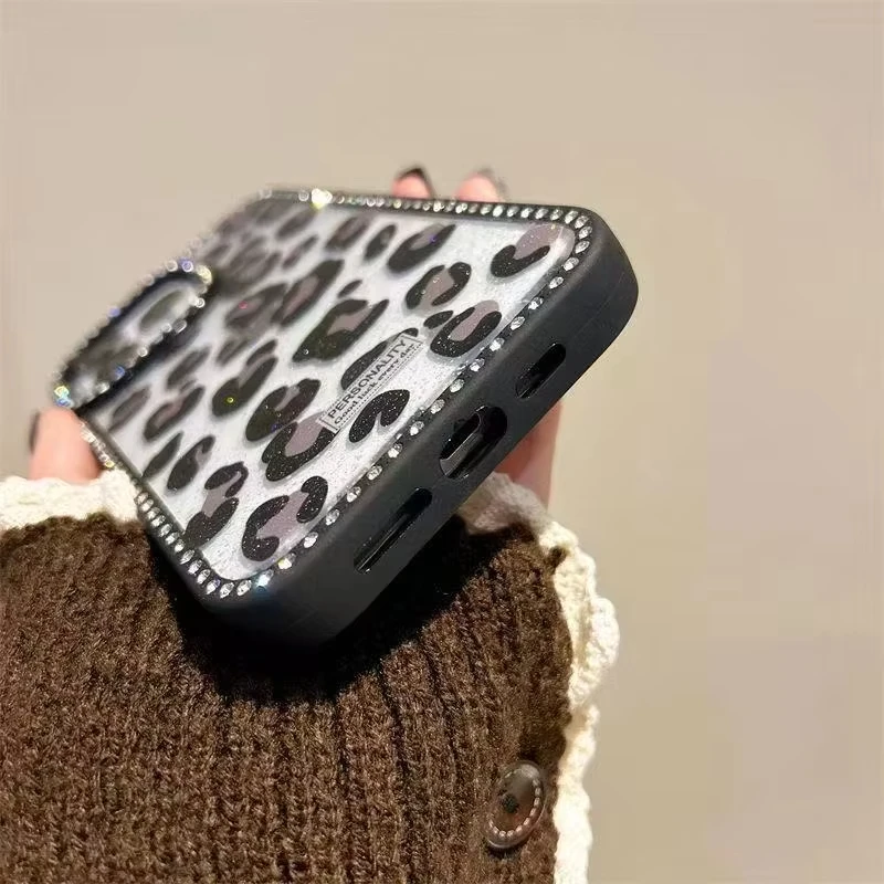 Double Sided Diamond Inlaid Frame Acrylic Hard Cover Leopard Print Plain Case for iPhone 17 Air 16 15 14 Plus 13 12 11 Pro Max 5