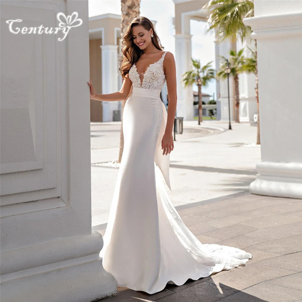 

Свадебное платье-Русалка с кружевной аппликацией и V-образным вырезом