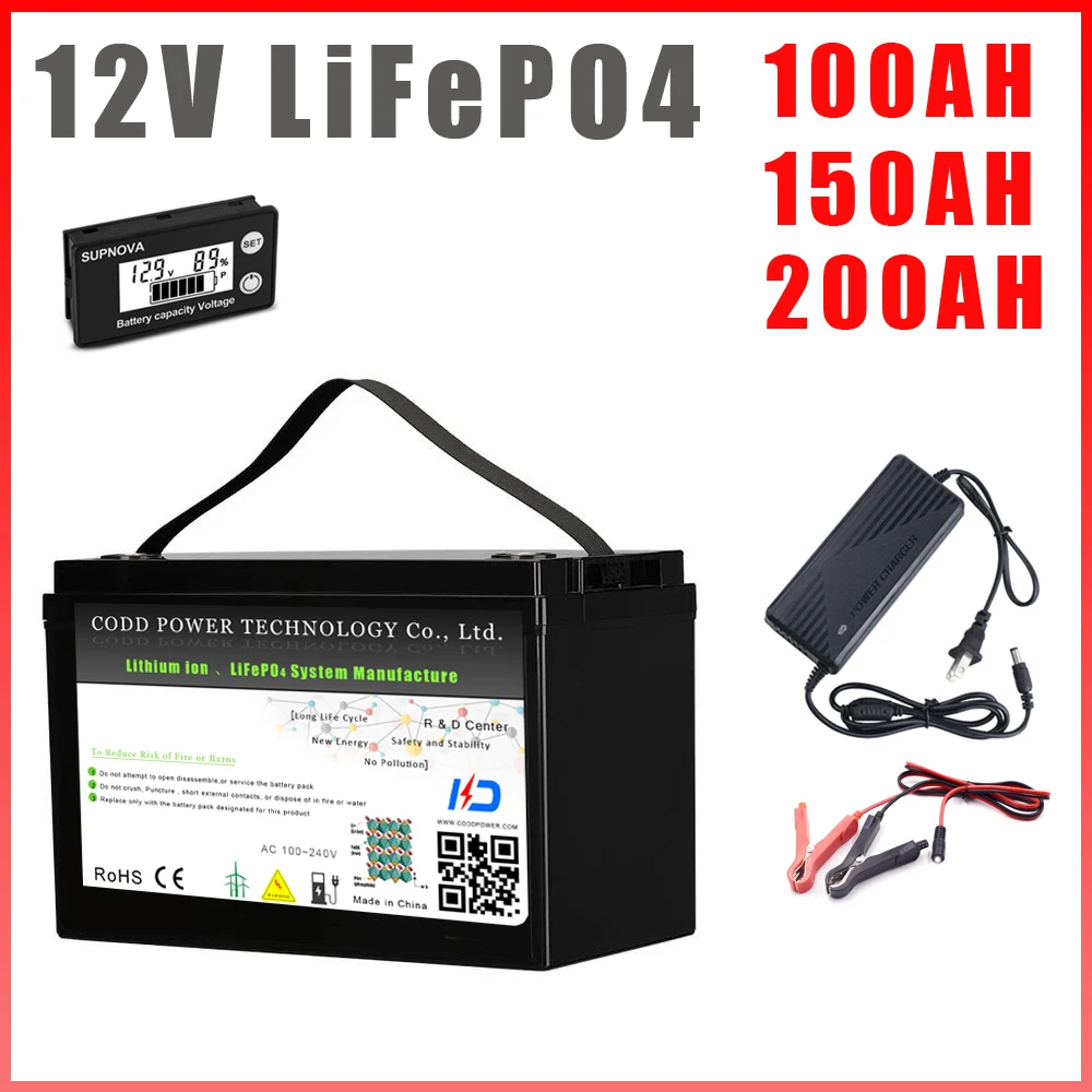 12V LiFePO4 Rechargeable Battery 12.8V 100AH 200AH Lithium iron phosphate  LCD Waterproof RV Solar storage off-grid inverter