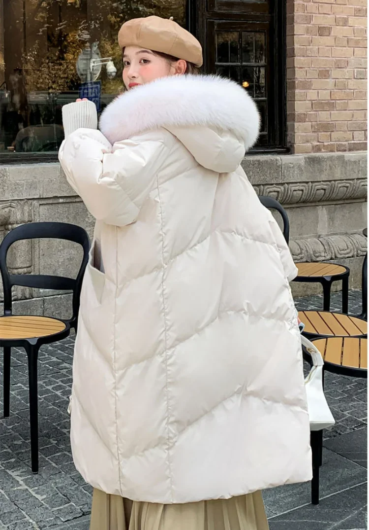 Caramel Hooded Down Jacket for Plump Women 2023 Large Size Overcoats Lady White Duck Thickened Jacket Fox Fur Loose Coat Vintage